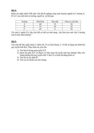 Bài 4:
Khảo sát ngẫu nhiên 300 sinh viên đã tốt nghiệp cùng một chuyên ngành từ 3 trường A,
B và C sau một năm ra trường, người ta có kết quả:
Trường Đã đi làm Học tiếp Chưa có việc làm
A 60 12 28
B 55 10 35
C 65 6 29
Với mức ý nghĩa 3%, hãy cho biết có thể coi tình trạng việc làm của sinh viên 3 trường
trên là như nhau không?
Bài 5:
Tìm một dữ liệu ngẫu nhiên 2 chiều (X, Y) có kích thước n >10 để sử dụng mô hình hồi
quy tuyến tính đơn. Thực hiện các yêu cầu:
1) Tìm hệ số tương quan giữa X,Y.
2) Quan hệ giữa X,Y có được coi như quan hệ tuyến tính hay không? Hãy ước
lượng đường hồi quy tuyến tính Y theo X và biểu thị bằng hình vẽ.
3) Tìm hệ số xác định R2
.
4) Tìm sai số chuẩn của ước lượng.
 