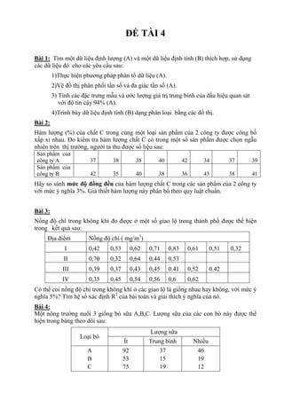 ĐỀ TÀI 4
Bài 1: Tìm một dữ liệu định lượng (A) và một dữ liệu định tính (B) thích hợp, sử dụng
các dữ liệu đó cho các yêu cầu sau:
1)Thực hiện phương pháp phân tổ dữ liệu (A).
2)Vẽ đồ thị phân phối tần số và đa giác tần số (A).
3) Tính các đặc trưng mẫu và ước lượng giá trị trung bình của dấu hiệu quan sát
với độ tin cậy 94% (A).
4)Trình bày dữ liệu định tính (B) dạng phân loại bằng các đồ thị.
Bài 2:
Hàm lượng (%) của chất C trong cùng một loại sản phẩm của 2 công ty được công bố
xấp xỉ nhau. Đo kiểm tra hàm lượng chất C có trong một số sản phẩm được chọn ngẫu
nhiên trên thị trường, người ta thu được số liệu sau:
Sản phẩm của
công ty A 37 38 35 40 42 34 37 39
Sản phẩm của
công ty B 42 35 40 38 36 43 38 41
Hãy so sánh mức độ đồng đều của hàm lượng chất C trong các sản phẩm của 2 công ty
với mức ý nghĩa 3%. Giả thiết hàm lượng này phân bố theo quy luật chuẩn.
Bài 3:
Nồng độ chì trong không khí đo được ở một số giao lộ trong thành phố được thể hiện
trong kết quả sau:
Địa điểm Nồng độ chì ( mg/m3
)
I 0,42 0,53 0,62 0,71 0,83 0,61 0,51 0,32
II 0,70 0,32 0,64 0,44 0,53
III 0,39 0,37 0,43 0,45 0.41 0,52 0.42
IV 0,35 0,45 0,54 0,56 0,6 0,62
Có thể coi nồng độ chì trong không khí ở các giao lộ là giống nhau hay không, với mức ý
nghĩa 5%? Tìm hệ số xác định R2
của bài toán và giải thích ý nghĩa của nó.
Bài 4:
Một nông trường nuôi 3 giống bò sữa A,B,C. Lượng sữa của các con bò này được thể
hiện trong bảng theo dõi sau:
Loại bò
Lượng sữa
Ít Trung bình Nhiều
A
B
C
92
53
75
37
15
19
46
19
12
 