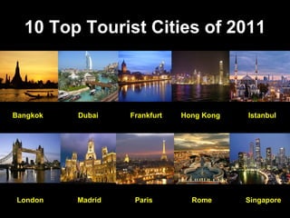 10 Top Tourist Cities of 2011 Bangkok Dubai Frankfurt Hong Kong Istanbul London Madrid Paris Rome Singapore 