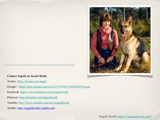 Contact Angela on Social Media
Twitter: https://twitter.com/angee
Google+: https://plus.google.com/u/0/112175590511685028597/posts
Facebook: https://www.facebook.com/angela.booth
Pinterest: http://pinterest.com/angelabooth
Youtube: http://www.youtube.com/user/angelabooth
Tumblr: http://angelabooth1.tumblr.com
Angela Booth: http://angelabooth.com/
 