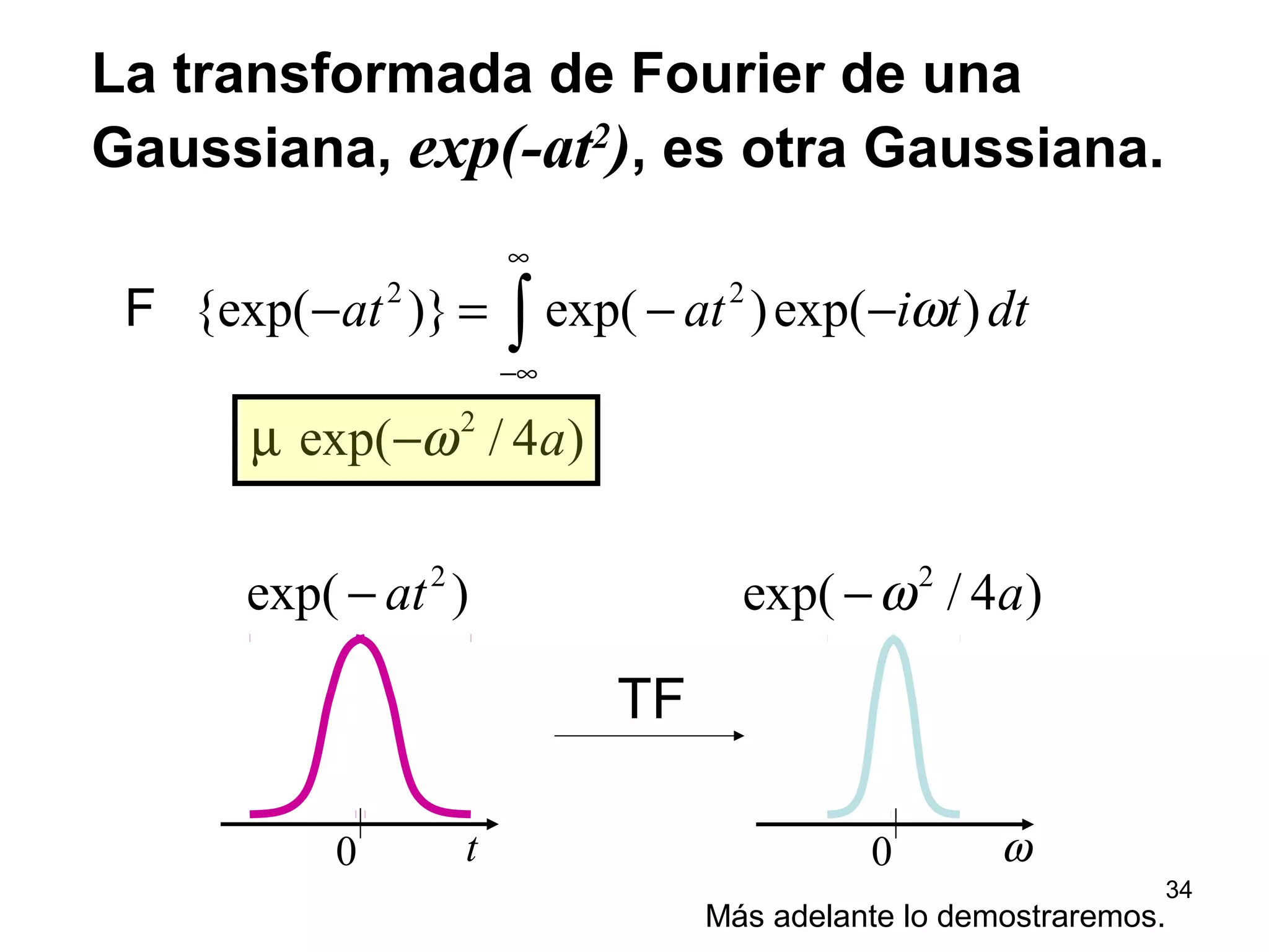 La transformada de Fourier de una
Gaussiana, exp(-at2
), es otra Gaussiana.
2 2
2
{exp( )} exp( )exp( )
exp( / 4 )
at at i t dt
a
ω
ω
∞
−∞
− = − −
µ −
∫F
t0
2
exp( )at−
ω0
2
exp( / 4 )aω−
TF
Más adelante lo demostraremos.
34
 