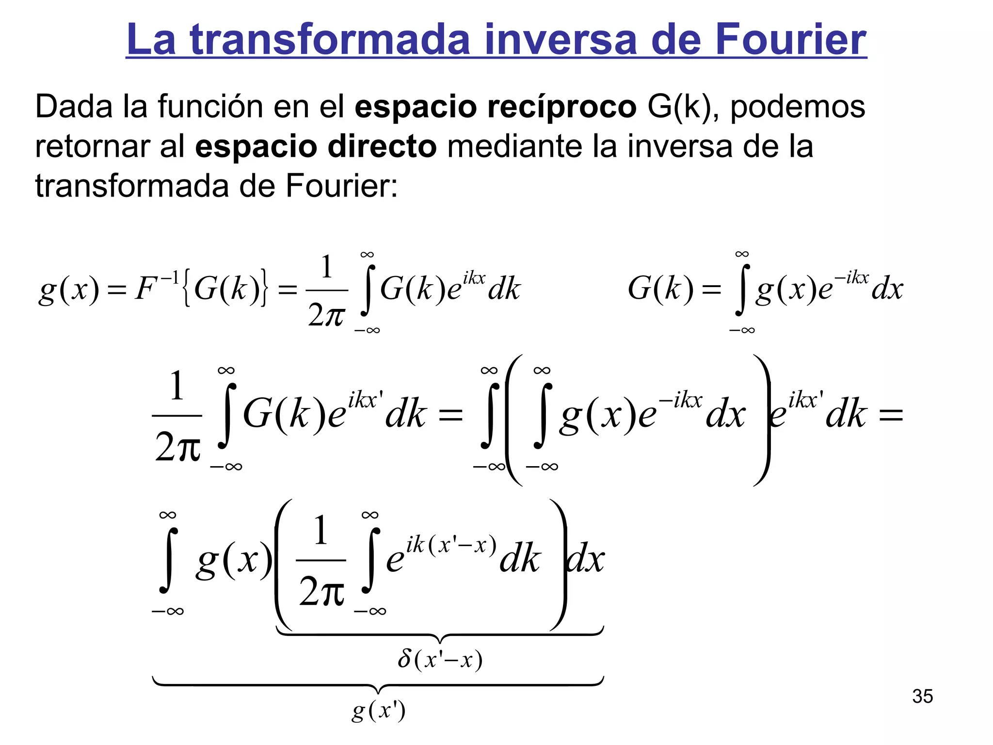 La transformada inversa de Fourier
Dada la función en el espacio recíproco G(k), podemos
retornar al espacio directo mediante la inversa de la
transformada de Fourier:
{ } ∫
∞
∞−
−
== dkekGkGFxg ikx
)(
2
1
)()( 1
π ∫
∞
∞−
−
= dxexgkG ikx
)()(
  
  
)'(
)'(
)'(
''
2
1
)(
)()(
2
1
xg
xx
xxik
ikxikxikx
dxdkexg
dkedxexgdkekG
∫ ∫
∫ ∫ ∫
∞
∞−
−
∞
∞−
−
∞
∞−
∞
∞−
∞
∞−
−








π
=







=
π
δ
35
 