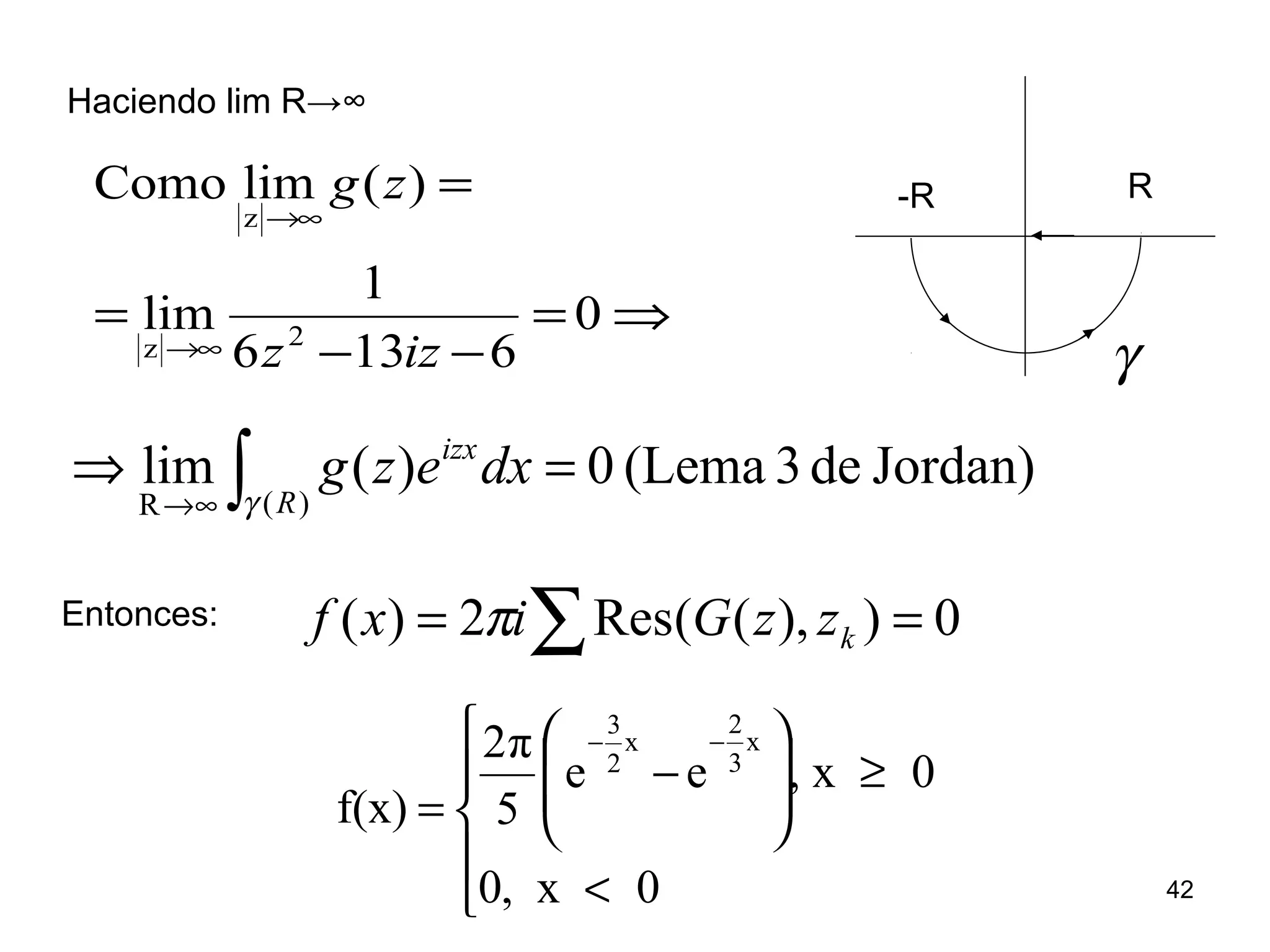 γ
-R R
Haciendo lim R→∞
⇒=
−−
=
=
∞→
∞→
0
6136
1
lim
)(limComo
2z
z
izz
zg
Jordan)de3(Lema0)(lim
)(R
=⇒ ∫∞→ R
izx
dxezg
γ
Entonces: 0)),((Res2)( == ∑ kzzGixf π





<
≥







−
=
−−
0, x0
0, xee
5
π2
f(x)
x
3
2
x
2
3
42
 