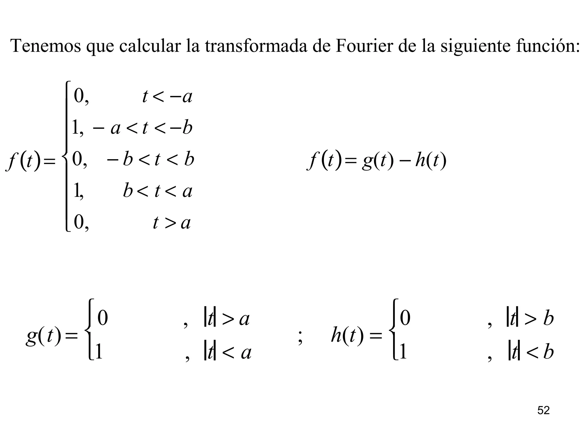 Tenemos que calcular la transformada de Fourier de la siguiente función:
f t( )=
0, t < −a
1, − a < t < −b
0, − b < t < b
1, b < t < a
0, t > a









; h(t) =
0 , t > b
1 , t < b



g(t) =
0 , t > a
1 , t < a




f t( )= g(t) − h(t)
52
 