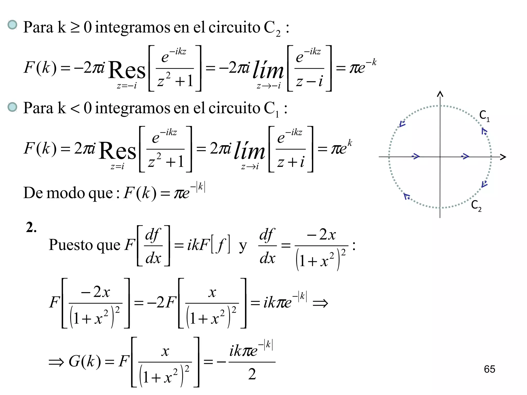 k
k
ikz
iz
ikz
iz
k
ikz
iz
ikz
iz
ekF
e
iz
e
i
z
e
ikF
e
iz
e
i
z
e
ikF
lím
lím
−
−
→
−
=
−
−
−→
−
−=
=
=





+
=





+
=
<
=





−
−=





+
−=
≥
π
πππ
πππ
)(:quemodoDe
2
1
2)(
:Ccircuitoelenintegramos0kPara
2
1
2)(
:Ccircuitoelenintegramos0kPara
2
1
2
2
Res
Res
C1
C2
[ ]
( )
( ) ( )
( ) 21
)(
1
2
1
2
:
1
2
yquePuesto
22
2222
22
k
k
eik
x
x
FkG
eik
x
x
F
x
x
F
x
x
dx
df
fikF
dx
df
F
−
−
−=








+
=⇒
⇒=








+
−=








+
−
+
−
==





π
π
2.
65
 