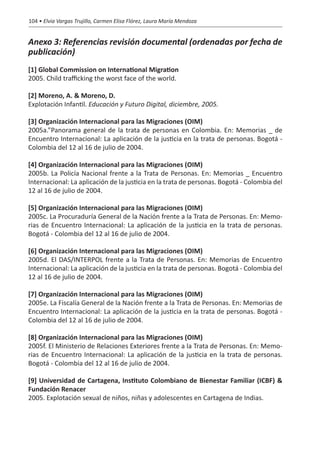 104 • Elvia Vargas Trujillo, Carmen Elisa Flórez, Laura María Mendoza


Anexo 3: Referencias revisión documental (ordenadas por fecha de
publicación)
[1] Global Commission on International Migration
2005. Child trafficking the worst face of the world.

[2] Moreno, A. & Moreno, D.
Explotación Infantil. Educación y Futuro Digital, diciembre, 2005.

[3] Organización Internacional para las Migraciones (OIM)
2005a.”Panorama general de la trata de personas en Colombia. En: Memorias _ de
Encuentro Internacional: La aplicación de la justicia en la trata de personas. Bogotá -
Colombia del 12 al 16 de julio de 2004.

[4] Organización Internacional para las Migraciones (OIM)
2005b. La Policía Nacional frente a la Trata de Personas. En: Memorias _ Encuentro
Internacional: La aplicación de la justicia en la trata de personas. Bogotá - Colombia del
12 al 16 de julio de 2004.

[5] Organización Internacional para las Migraciones (OIM)
2005c. La Procuraduría General de la Nación frente a la Trata de Personas. En: Memo-
rias de Encuentro Internacional: La aplicación de la justicia en la trata de personas.
Bogotá - Colombia del 12 al 16 de julio de 2004.

[6] Organización Internacional para las Migraciones (OIM)
2005d. El DAS/INTERPOL frente a la Trata de Personas. En: Memorias de Encuentro
Internacional: La aplicación de la justicia en la trata de personas. Bogotá - Colombia del
12 al 16 de julio de 2004.

[7] Organización Internacional para las Migraciones (OIM)
2005e. La Fiscalía General de la Nación frente a la Trata de Personas. En: Memorias de
Encuentro Internacional: La aplicación de la justicia en la trata de personas. Bogotá -
Colombia del 12 al 16 de julio de 2004.

[8] Organización Internacional para las Migraciones (OIM)
2005f. El Ministerio de Relaciones Exteriores frente a la Trata de Personas. En: Memo-
rias de Encuentro Internacional: La aplicación de la justicia en la trata de personas.
Bogotá - Colombia del 12 al 16 de julio de 2004.

[9] Universidad de Cartagena, Instituto Colombiano de Bienestar Familiar (ICBF) &
Fundación Renacer
2005. Explotación sexual de niños, niñas y adolescentes en Cartagena de Indias.
 