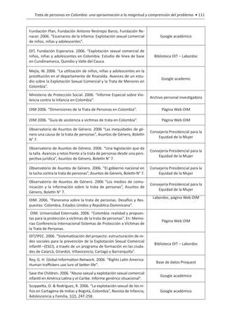 Trata de personas en Colombia: una aproximación a la magnitud y comprensión del problema • 111


Fundación Plan, Fundación Antonio Restrepo Barco, Fundación Re-
nacer. 2006. “Escenarios de la Infamia: Explotación sexual comercial            Google académico
de niños, niñas y adolescentes”.

OIT, Fundación Esperanza. 2006. “Explotación sexual comercial de
niños, niñas y adolescentes en Colombia. Estudio de línea de base           Biblioteca OIT – Labordoc
en Cundinamarca, Quindío y Valle del Cauca.

Mejía, W. 2006. “La utilización de niños, niñas y adolescentes en la
prostitución en el departamento de Risaralda. Avances de un estu-
                                                                                Google academic
dio sobre la Explotación Sexual Comercial y la Trata de Menores en
Colombia”.
Ministerio de Protección Social. 2006. “Informe Especial sobre Vio-
                                                                          Archivo personal investigadora
lencia contra la Infancia en Colombia”.

OIM 2006. “Dimensiones de la Trata de Personas en Colombia”.                    Página Web OIM

OIM 2006. “Guía de asistencia a víctimas de trata en Colombia”.                 Página Web OIM

Observatorio de Asuntos de Género. 2006 “Las inequidades de gé-
                                                                          Consejería Presidencial para la
nero una causa de la trata de personas”, Asuntos de Género, Boletín
                                                                              Equidad de la Mujer
N° 7.

Observatorio de Asuntos de Género. 2006. “Una legislación que da
                                                                          Consejería Presidencial para la
la talla. Avances y retos frente a la trata de personas desde una pers-
                                                                              Equidad de la Mujer
pectiva jurídica”, Asuntos de Género, Boletín N° 7.

Observatorio de Asuntos de Género. 2006. “El gobierno nacional en         Consejería Presidencial para la
la lucha contra la trata de personas”, Asuntos de Género, Boletín N° 7.       Equidad de la Mujer

Observatorio de Asuntos de Género. 2006 “Los medios de comu-
                                                                          Consejería Presidencial para la
nicación y la información sobre la trata de personas”, Asuntos de
                                                                              Equidad de la Mujer
Género, Boletín N° 7.
                                                                           Labordoc, página Web OIM
OIM. 2006. “Panorama sobre la trata de personas. Desafíos y Res-
puestas: Colombia, Estados Unidos y República Dominicana”.
 OIM. Universidad Externado. 2006. “Colombia: realidad y propues-
tas para la protección a víctimas de la trata de personas”. En: Memo-
                                                                                 Página Web OIM
rias Conferencia Internacional Sistemas de Protección a Víctimas de
la Trata de Personas.
OIT/IPEC. 2006. “Sistematización del proyecto: estructuración de re-
des sociales para la prevención de la Explotación Sexual Comercial
                                                                            Biblioteca OIT – Labordoc
Infantil –(ESCI), a través de un programa de formación en las ciuda-
des de Calarcá, Girardot, Villavicencio, Cartago y Barranquilla”.
Rey, G. H. Global Information Network. 2006. “Rights Latin America:
                                                                             Base de datos Proquest
Human traffickers use lure of better life”.
Save the Children. 2006. “Abuso sexual y explotación sexual comercial
                                                                                Google académico
infantil en América Latina y el Caribe. Informe genérico situacional”.
Scoppetta, O. & Rodríguez, R. 2006. “La explotación sexual de los ni-
ños en Cartagena de Indias y Bogotá, Colombia”, Revista de Infancia,            Google académico
Adolescencia y Familia, 1(2), 247-258.
 