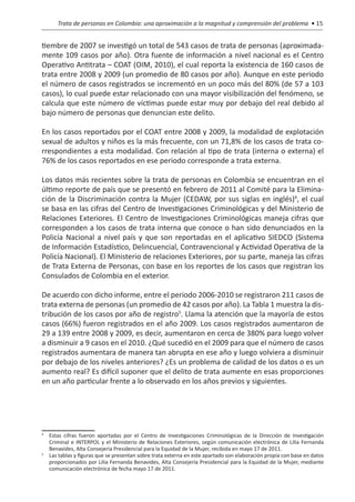 Trata de personas en Colombia: una aproximación a la magnitud y comprensión del problema • 15


tiembre de 2007 se investigó un total de 543 casos de trata de personas (aproximada-
mente 109 casos por año). Otra fuente de información a nivel nacional es el Centro
Operativo Antitrata – COAT (OIM, 2010), el cual reporta la existencia de 160 casos de
trata entre 2008 y 2009 (un promedio de 80 casos por año). Aunque en este periodo
el número de casos registrados se incrementó en un poco más del 80% (de 57 a 103
casos), lo cual puede estar relacionado con una mayor visibilización del fenómeno, se
calcula que este número de víctimas puede estar muy por debajo del real debido al
bajo número de personas que denuncian este delito.

En los casos reportados por el COAT entre 2008 y 2009, la modalidad de explotación
sexual de adultos y niños es la más frecuente, con un 71,8% de los casos de trata co-
rrespondientes a esta modalidad. Con relación al tipo de trata (interna o externa) el
76% de los casos reportados en ese periodo corresponde a trata externa.

Los datos más recientes sobre la trata de personas en Colombia se encuentran en el
último reporte de país que se presentó en febrero de 2011 al Comité para la Elimina-
ción de la Discriminación contra la Mujer (CEDAW, por sus siglas en inglés)4, el cual
se basa en las cifras del Centro de Investigaciones Criminológicas y del Ministerio de
Relaciones Exteriores. El Centro de Investigaciones Criminológicas maneja cifras que
corresponden a los casos de trata interna que conoce o han sido denunciados en la
Policía Nacional a nivel país y que son reportadas en el aplicativo SIEDCO (Sistema
de Información Estadístico, Delincuencial, Contravencional y Actividad Operativa de la
Policía Nacional). El Ministerio de relaciones Exteriores, por su parte, maneja las cifras
de Trata Externa de Personas, con base en los reportes de los casos que registran los
Consulados de Colombia en el exterior.

De acuerdo con dicho informe, entre el periodo 2006-2010 se registraron 211 casos de
trata externa de personas (un promedio de 42 casos por año). La Tabla 1 muestra la dis-
tribución de los casos por año de registro5. Llama la atención que la mayoría de estos
casos (66%) fueron registrados en el año 2009. Los casos registrados aumentaron de
29 a 139 entre 2008 y 2009, es decir, aumentaron en cerca de 380% para luego volver
a disminuir a 9 casos en el 2010. ¿Qué sucedió en el 2009 para que el número de casos
registrados aumentara de manera tan abrupta en ese año y luego volviera a disminuir
por debajo de los niveles anteriores? ¿Es un problema de calidad de los datos o es un
aumento real? Es difícil suponer que el delito de trata aumente en esas proporciones
en un año particular frente a lo observado en los años previos y siguientes.




4
 	 Estas cifras fueron aportadas por el Centro de Investigaciones Criminológicas de la Dirección de Investigación
   Criminal e INTERPOL y el Ministerio de Relaciones Exteriores, según comunicación electrónica de Lilia Fernanda
   Benavides, Alta Consejería Presidencial para la Equidad de la Mujer, recibida en mayo 17 de 2011.
5
 	 Las tablas y figuras que se presentan sobre trata externa en este apartado son elaboración propia con base en datos
   proporcionados por Lilia Fernanda Benavides, Alta Consejería Presidencial para la Equidad de la Mujer, mediante
   comunicación electrónica de fecha mayo 17 de 2011.
 
