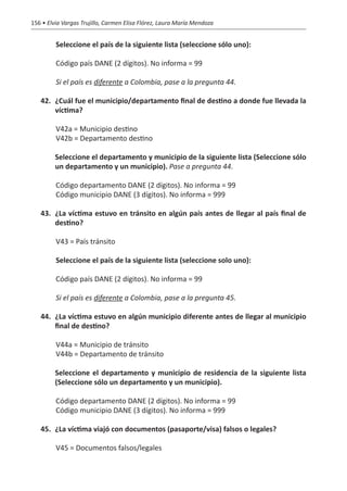 156 • Elvia Vargas Trujillo, Carmen Elisa Flórez, Laura María Mendoza


         Seleccione el país de la siguiente lista (seleccione sólo uno):

         Código país DANE (2 dígitos). No informa = 99

         Si el país es diferente a Colombia, pase a la pregunta 44.

   42.	 ¿Cuál fue el municipio/departamento final de destino a donde fue llevada la
        víctima?

         V42a = Municipio destino
         V42b = Departamento destino

   	     Seleccione el departamento y municipio de la siguiente lista (Seleccione sólo
         un departamento y un municipio). Pase a pregunta 44.

         Código departamento DANE (2 dígitos). No informa = 99
         Código municipio DANE (3 dígitos). No informa = 999

   43.	 ¿La víctima estuvo en tránsito en algún país antes de llegar al país final de
        destino?

         V43 = País tránsito

         Seleccione el país de la siguiente lista (seleccione solo uno):

         Código país DANE (2 dígitos). No informa = 99

         Si el país es diferente a Colombia, pase a la pregunta 45.

   44.	 ¿La víctima estuvo en algún municipio diferente antes de llegar al municipio
        final de destino?

         V44a = Municipio de tránsito
         V44b = Departamento de tránsito

   	     Seleccione el departamento y municipio de residencia de la siguiente lista
         (Seleccione sólo un departamento y un municipio).

         Código departamento DANE (2 dígitos). No informa = 99
         Código municipio DANE (3 dígitos). No informa = 999

   45.	 ¿La víctima viajó con documentos (pasaporte/visa) falsos o legales?

         V45 = Documentos falsos/legales
 