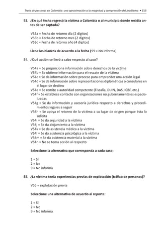 Trata de personas en Colombia: una aproximación a la magnitud y comprensión del problema • 159


53.	 ¿En qué fecha regresó la víctima a Colombia o al municipio donde residía an-
     tes de ser captada?

        V53a = Fecha de retorno día (2 dígitos)
        V53b = Fecha de retorno mes (2 dígitos)
        V53c = Fecha de retorno año (4 dígitos)

	       Llene los blancos de acuerdo a la fecha (99 = No informa)

54.	 ¿Qué acción se llevó a cabo respecto al caso?

        V54a = Se proporciona información sobre derechos de la víctima
        V54b = Se obtiene información para el rescate de la víctima
        V54c = Se da información sobre proceso para emprender una acción legal
        V54d = Se da información sobre representaciones diplomáticas o consulares en
           el lugar de destino
        V54e = Se remite a autoridad competente (Fiscalía, DIJIN, DAS, ICBF, etc.)
        V54f = Se establece contacto con organizaciones no gubernamentales especia-
           lizadas
        V54g = Se da información y asesoría jurídica respecto a derechos y procedi-
           mientos legales a seguir
        V54h = Se apoya el retorno de la víctima a su lugar de origen porque ésta lo
           solicita
        V54i = Se da seguridad a la víctima
        V54j = Se da alojamiento a la víctima
        V54k = Se da asistencia médica a la víctima
        V54l = Se da asistencia psicológica a la víctima
        V54m = Se da asistencia material a la víctima
        V54n = No se toma acción al respecto

        Seleccione la alternativa que corresponda a cada caso:

        1 = Sí
        2 = No
        9 = No informa

55.	 ¿La víctima tenía experiencias previas de explotación (tráfico de personas)?

        V55 = explotación previa

        Seleccione una alternativa de acuerdo al reporte:

        1 = Sí
        2 = No
        9 = No informa
 