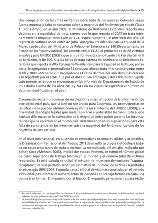 Trata de personas en Colombia: una aproximación a la magnitud y comprensión del problema • 19


Una comparación de las cifras existentes sobre trata de personas en Colombia según
fuente muestra la falta de consenso sobre la magnitud del fenómeno en el país (Tabla
4). Por ejemplo, en el año 2009, el Ministerio de Relaciones Exteriores reporta más
víctimas en la modalidad de trata externa que lo que reporta el COAT en trata inter-
na y externa conjuntamente (139 vs. 103, respectivamente). El promedio por año del
registro de víctimas oscila entre 42 (Alta Consejería Presidencial para la Equidad de la
Mujer, según datos del Ministerio de Relaciones Exteriores) y 130 (Departamento de
Estado de los Estados Unidos). De acuerdo con el COAT, el promedio es de 80 víctimas
anuales y para UNODC (2009), que en su informe cita como fuente a la Fiscalía General
de la Nación, es de 109. Si a los datos de trata externa del Ministerio de Relaciones Ex-
teriores que reporta la Alta Consejería Presidencial para la Equidad de la Mujer, por su
parte, le agregamos el promedio de 32 casos por año de trata interna observados entre
2008 y 2009, obtenemos un promedio de 74 casos de trata por año, dato más cercano
a lo reportado por el COAT que por el UNODC. Sin embargo, estas cifras distan signifi-
cativamente de las que se encuentran en los informes del Departamento de Estado de
los Estados Unidos de los años 2010 y 2011 en los cuales se especifica el número de
víctimas identificadas en el país7.

Claramente, existen problemas de recolección y sistematización de la información de
este delito en el país, que si bien no son únicos para Colombia, las inconsistencias en
las cifras no se pueden atribuir, como se afirma en el informe del UNODC (2009), a la
diversidad de códigos legales que suelen aplicarse al judicializar los casos. Esto puede
explicar diferencias en la estimación de la magnitud entre países pero no las inconsis-
tencias que se aprecian en el mismo país. Determinar posibles explicaciones para esta
falta de consistencia en los informes sobre la magnitud del fenómeno fue uno de los
objetivos de este estudio.

En el nivel internacional, en ausencia de estimativos nacionales sólidos y aceptables,
la Organización Internacional del Trabajo (OIT) desarrolló su propia metodología basa-
da en casos reportados de trabajo forzoso. La metodología del estudio, realizado por
Belser, Cock y Mehran (2005), implicó dos etapas. Primero, se estimó el número global
de casos reportados de trabajo forzoso en el mundo y el número total de víctimas
reportadas. En este cálculo se utilizó el método de muestreo denominado “captura-
recaptura”8, el cual permitió tener un estimativo del número de víctimas reportadas
en el periodo 1995-2004. Segundo, se usó el total de víctimas reportadas en el periodo
1995-2004 para estimar el número actual de personas en trabajo forzoso en cada una
de sus tres formas: 1) impuesto por el Estado, 2) impuesto privadamente para explo-


7
 	 En estos informes no se especifica la fuente ni el procedimiento usado para obtener la información, se hace
   referencia a “el gobierno nacional” o al COAT en otros.
8
 	 La metodología de captura–recaptura requiere de dos muestras independientes de casos reportados con idénticas
   probabilidades de selección. Los muestreos se refieren a registros de casos de diferentes grupos de investigación. La
   razón entre los reportes comunes y los diferentes entre los dos grupos es la base para extrapolar el número total de
   casos en la población.
 