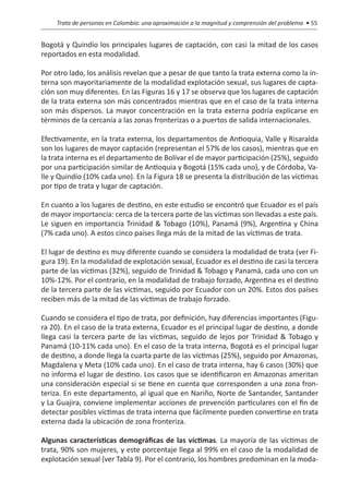 Trata de personas en Colombia: una aproximación a la magnitud y comprensión del problema • 55


Bogotá y Quindío los principales lugares de captación, con casi la mitad de los casos
reportados en esta modalidad.

Por otro lado, los análisis revelan que a pesar de que tanto la trata externa como la in-
terna son mayoritariamente de la modalidad explotación sexual, sus lugares de capta-
ción son muy diferentes. En las Figuras 16 y 17 se observa que los lugares de captación
de la trata externa son más concentrados mientras que en el caso de la trata interna
son más dispersos. La mayor concentración en la trata externa podría explicarse en
términos de la cercanía a las zonas fronterizas o a puertos de salida internacionales.

Efectivamente, en la trata externa, los departamentos de Antioquia, Valle y Risaralda
son los lugares de mayor captación (representan el 57% de los casos), mientras que en
la trata interna es el departamento de Bolívar el de mayor participación (25%), seguido
por una participación similar de Antioquia y Bogotá (15% cada uno), y de Córdoba, Va-
lle y Quindío (10% cada uno). En la Figura 18 se presenta la distribución de las víctimas
por tipo de trata y lugar de captación.

En cuanto a los lugares de destino, en este estudio se encontró que Ecuador es el país
de mayor importancia: cerca de la tercera parte de las víctimas son llevadas a este país.
Le siguen en importancia Trinidad & Tobago (10%), Panamá (9%), Argentina y China
(7% cada uno). A estos cinco países llega más de la mitad de las víctimas de trata.

El lugar de destino es muy diferente cuando se considera la modalidad de trata (ver Fi-
gura 19). En la modalidad de explotación sexual, Ecuador es el destino de casi la tercera
parte de las víctimas (32%), seguido de Trinidad & Tobago y Panamá, cada uno con un
10%-12%. Por el contrario, en la modalidad de trabajo forzado, Argentina es el destino
de la tercera parte de las víctimas, seguido por Ecuador con un 20%. Estos dos países
reciben más de la mitad de las víctimas de trabajo forzado.

Cuando se considera el tipo de trata, por definición, hay diferencias importantes (Figu-
ra 20). En el caso de la trata externa, Ecuador es el principal lugar de destino, a donde
llega casi la tercera parte de las víctimas, seguido de lejos por Trinidad & Tobago y
Panamá (10-11% cada uno). En el caso de la trata interna, Bogotá es el principal lugar
de destino, a donde llega la cuarta parte de las víctimas (25%), seguido por Amazonas,
Magdalena y Meta (10% cada uno). En el caso de trata interna, hay 6 casos (30%) que
no informa el lugar de destino. Los casos que se identificaron en Amazonas ameritan
una consideración especial si se tiene en cuenta que corresponden a una zona fron-
teriza. En este departamento, al igual que en Nariño, Norte de Santander, Santander
y La Guajira, conviene implementar acciones de prevención particulares con el fin de
detectar posibles víctimas de trata interna que fácilmente pueden convertirse en trata
externa dada la ubicación de zona fronteriza.

Algunas características demográficas de las víctimas. La mayoría de las víctimas de
trata, 90% son mujeres, y este porcentaje llega al 99% en el caso de la modalidad de
explotación sexual (ver Tabla 9). Por el contrario, los hombres predominan en la moda-
 