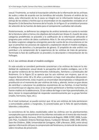 62 • Elvia Vargas Trujillo, Carmen Elisa Flórez, Laura María Mendoza


sexual. Finalmente, se realizó la trascripción selectiva de la información de los archivos
de audio y video de acuerdo con las temáticas del estudio. Durante el análisis de los
datos, esta información de los 6 casos se integró con la información textual que se
extrajo de los relatos o hechos que se encontraban en los expedientes revisados en el
Despacho 15 de Derechos Humanos de la Fiscalía. En la Figura 21 se sintetiza el proceso
de selección de las fuentes de datos para el componente cualitativo del estudio.

Posteriormente, se definieron las categorías de análisis teniendo en cuenta la revisión
de la literatura sobre el tema y los objetivos del estudio (ver Anexo 2). A partir de estas
categorías predefinidas se procedió a la codificación de la información utilizando el
programa para análisis de datos cualitativos Atlas ti. De esta primera aproximación a
los datos surgieron categorías emergentes para dar cuenta de las circunstancias en las
que se presentan los procesos de captación y explotación desde el modelo ecológico,
el enfoque de derechos y la perspectiva de género. El propósito de este análisis era
contribuir a la comprensión de la experiencia de las víctimas de trata de personas.
Terminada la fase de codificación se procedió a la descripción e interpretación de los
hallazgos.

6.3.2. Las víctimas desde el modelo ecológico

En este estudio se consideró pertinente caracterizar a las víctimas de trata en la mo-
dalidad de explotación sexual desde la perspectiva del modelo ecológico, con el fin
de aportar evidencia de los determinantes individuales, familiares y contextuales del
fenómeno. En la Figura 22 se aprecia que las seis víctimas son mujeres, que en su
mayoría tienen entre 18 y 25 años y presentan un bajo nivel educativo (desescolari-
zadas). Adicionalmente, estas mujeres se encontraban desempleadas o trabajando en
prostitución en el momento de caer víctimas de trata y, además, tenían un gran deseo
de contribuir a solucionar los problemas económicos de sus familias. A nivel familiar
se encontró que en algunos casos 1) las mujeres pertenecen a familias numerosas, 2)
fueron madres en la adolescencia, 3) son cabeza de hogar o son hijas parentalizadas, es
decir, tienen la responsabilidad de responder económicamente por su grupo familiar
(madre, hermanos, hijos, etc.).

En el nivel contextual, se puede concluir que: 4) las seis víctimas de trata pertenecen
a comunidades pobres y marginales, 5) caracterizadas por la falta de oportunidades
laborales y educativas.

La consistencia de los datos recolectados sobre las víctimas con los planteamientos
conceptuales que se encontraron en los informes revisados en el marco de esta investi-
gación (Berrío, 2006; Carrasco, 2010; Contraloría de Bogotá, 2008; ECPAT, 2008; Funda-
ción Plan, Fundación Antonio Restrepo Barco, Fundación Renacer, 2006; OIM, 2007e;
Save the Children, 2006; Universidad de Cartagena, ICBF y Renacer, 2005, entre otros)
aportan información útil para la comprensión del fenómeno y la toma de las decisiones
sobre iniciativas de prevención.
 