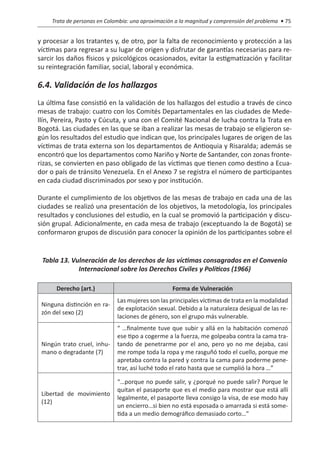 Trata de personas en Colombia: una aproximación a la magnitud y comprensión del problema • 75


y procesar a los tratantes y, de otro, por la falta de reconocimiento y protección a las
víctimas para regresar a su lugar de origen y disfrutar de garantías necesarias para re-
sarcir los daños físicos y psicológicos ocasionados, evitar la estigmatización y facilitar
su reintegración familiar, social, laboral y económica.

6.4. Validación de los hallazgos
La última fase consistió en la validación de los hallazgos del estudio a través de cinco
mesas de trabajo: cuatro con los Comités Departamentales en las ciudades de Mede-
llín, Pereira, Pasto y Cúcuta, y una con el Comité Nacional de lucha contra la Trata en
Bogotá. Las ciudades en las que se iban a realizar las mesas de trabajo se eligieron se-
gún los resultados del estudio que indican que, los principales lugares de origen de las
víctimas de trata externa son los departamentos de Antioquia y Risaralda; además se
encontró que los departamentos como Nariño y Norte de Santander, con zonas fronte-
rizas, se convierten en paso obligado de las víctimas que tienen como destino a Ecua-
dor o país de tránsito Venezuela. En el Anexo 7 se registra el número de participantes
en cada ciudad discriminados por sexo y por institución.

Durante el cumplimiento de los objetivos de las mesas de trabajo en cada una de las
ciudades se realizó una presentación de los objetivos, la metodología, los principales
resultados y conclusiones del estudio, en la cual se promovió la participación y discu-
sión grupal. Adicionalmente, en cada mesa de trabajo (exceptuando la de Bogotá) se
conformaron grupos de discusión para conocer la opinión de los participantes sobre el


 Tabla 13. Vulneración de los derechos de las víctimas consagrados en el Convenio
             Internacional sobre los Derechos Civiles y Políticos (1966)

      Derecho (art.)                               Forma de Vulneración
                              Las mujeres son las principales víctimas de trata en la modalidad
 Ninguna distinción en ra-
                              de explotación sexual. Debido a la naturaleza desigual de las re-
 zón del sexo (2)
                              laciones de género, son el grupo más vulnerable.
                              “  …finalmente tuve que subir y allá en la habitación comenzó
                              ese tipo a cogerme a la fuerza, me golpeaba contra la cama tra-
 Ningún trato cruel, inhu-    tando de penetrarme por el ano, pero yo no me dejaba, casi
 mano o degradante (7)        me rompe toda la ropa y me rasguñó todo el cuello, porque me
                              apretaba contra la pared y contra la cama para poderme pene-
                              trar, así luché todo el rato hasta que se cumplió la hora …”

                              “…porque no puede salir, y ¿porqué no puede salir? Porque le
                              quitan el pasaporte que es el medio para mostrar que está allí
 Libertad de movimiento
                              legalmente, el pasaporte lleva consigo la visa, de ese modo hay
 (12)
                              un encierro…si bien no está esposada o amarrada si está some-
                              tida a un medio demográfico demasiado corto…”
 