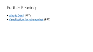 Further Reading
• Who is Dan? (PPT)
• Visualization for job searches (PPT)
 