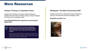 More Resources
37
Podcast: Thriving in a Cookieless Future
Catalyst’s Stu Richards and Xaxis’ Nishant Desai join
Salsify’s Rob Gonzalez and Peter Crosby to share strategies
for thriving in the cookieless world.
www.DigitalShelfInstitute.org/podcast-unpacking-the-
digital-shelf
Whitepaper: The State of Ecommerce 2021
Catalyst and Kantar’s original ecommerce research to
fuel your omnichannel commerce strategy in 2021.
StateOfEcomm2021.com
 