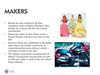 MAKERS
•   Brands are also starting to let their
    customers make products relating to their
    brands, by working with the new creator
    communities
•   Disney let visitors to their Parks create a
    Disney Princess with their own face on the
    doll
•   Domino’s Pizza set a challenge to the Forge
    open source car creator community to
    create the perfect pizza delivery vehicle –
    and hope to build it next year
•   The ‘Quirky’ community crowdsourced 15
    iPhone 5 accessories and put them on sale
    on Fab.com within a week of the new phone
    being released
 