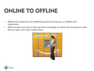 ONLINE TO OFFLINE
•   Digital only companies are establishing physical presences, or building real
    experiences
•   Online brands know that if they take their knowledge of online into the physical world
    they can gain even more market share
 