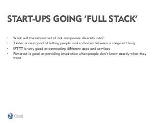 START-UPS GOING ‘FULL STACK’ 
•What will the newest set of hot companies diversify into? 
•Tinder is very good at letting people make choices between a range of thing 
•IFTTT is very good at connecting different apps and services 
•Pinterest is good at providing inspiration when people don’t know exactly what they want  