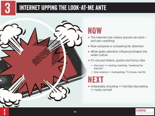 10 
3 Internet Upping the Look-at-Me Ante 
NOW 
• The Internet now means anyone can post— 
and see—anything 
• Now everyone is competing for attention 
• What grabs attention influences/shapes the 
wider culture 
• It’s not just kittens, quotes and funny clips 
––Also porn => sexting, twerking, “breaking the 
Internet” 
––Also violence => beheadings, TV shows, real life 
Next 
• Unbearably shocking => horribly fascinating 
=> nasty normal 
 