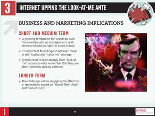 11 
BUSINESS AND MARKETING IMPLICATIONS 
Short and medium term 
• A growing temptation for brands to push 
the envelope and go outrageous to grab 
attention might be right for some brands 
• It’s important to distinguish between “look 
at me” tactics and “value me” strategy 
• Brands need to learn deeply from “look at 
me” successes—but remember that they are 
short-lived and quickly eclipsed 
Longer term 
• The challenge will be engaging the attention 
of generations raised on “Grand Theft Auto” 
and “Call of Duty” 
3 Internet Upping the Look-at-Me Ante 
 