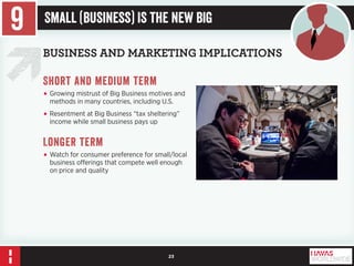 23 
BUSINESS AND MARKETING IMPLICATIONS 
Short and medium term 
• Growing mistrust of Big Business motives and 
methods in many countries, including U.S. 
• Resentment at Big Business “tax sheltering” 
income while small business pays up 
Longer term 
• Watch for consumer preference for small/local 
business offerings that compete well enough 
on price and quality 
9 Small (Business) Is the New Big 
 