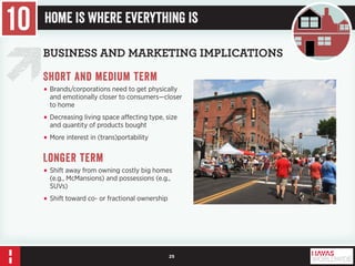 25 
BUSINESS AND MARKETING IMPLICATIONS 
Short and medium term 
• Brands/corporations need to get physically 
and emotionally closer to consumers—closer 
to home 
• Decreasing living space affecting type, size 
and quantity of products bought 
• More interest in (trans)portability 
Longer term 
• Shift away from owning costly big homes 
(e.g., McMansions) and possessions (e.g., 
SUVs) 
• Shift toward co- or fractional ownership 
10 Home Is Where Everything Is 
 