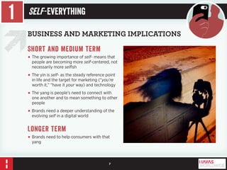 7 
1 Self -Everything 
BUSINESS AND MARKETING IMPLICATIONS 
Short and medium term 
• The growing importance of self- means that 
people are becoming more self-centered, not 
necessarily more selfish 
• The yin is self- as the steady reference point 
in life and the target for marketing (“you’re 
worth it,” “have it your way) and technology 
• The yang is people’s need to connect with 
one another and to mean something to other 
people 
• Brands need a deeper understanding of the 
evolving self in a digital world 
Longer term 
• Brands need to help consumers with that 
yang 
 