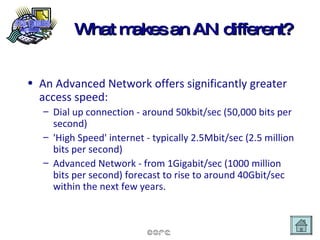 What makes an AN different? An Advanced Network offers significantly greater access speed: Dial up connection - around 50kbit/sec (50,000 bits per second) 'High Speed' internet - typically 2.5Mbit/sec (2.5 million bits per second) Advanced Network - from 1Gigabit/sec (1000 million bits per second) forecast to rise to around 40Gbit/sec within the next few years.  