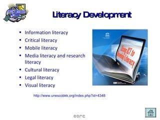 Literacy Development Information literacy Critical literacy Mobile literacy Media literacy and research literacy Cultural literacy Legal literacy Visual literacy http://www.unescobkk.org/index.php?id=4348   
