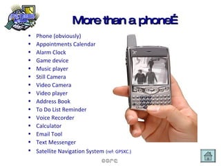 More than a phone… Phone (obviously) Appointments Calendar Alarm Clock Game device Music player Still Camera Video Camera Video player Address Book To Do List Reminder Voice Recorder Calculator Email Tool Text Messenger Satellite Navigation System   (ref:  GPSXC .) 