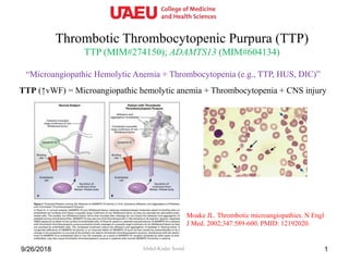 Thrombotic Thrombocytopenic Purpura (TTP)
TTP (MIM#274150); ADAMTS13 (MIM#604134)
Abdul-Kader Souid9/26/2018 1
“Microangiopathic Hemolytic Anemia + Thrombocytopenia (e.g., TTP, HUS, DIC)”
TTP (↑vWF) = Microangiopathic hemolytic anemia + Thrombocytopenia + CNS injury
Moake JL. Thrombotic microangiopathies. N Engl
J Med. 2002;347:589-600. PMID: 12192020.
 