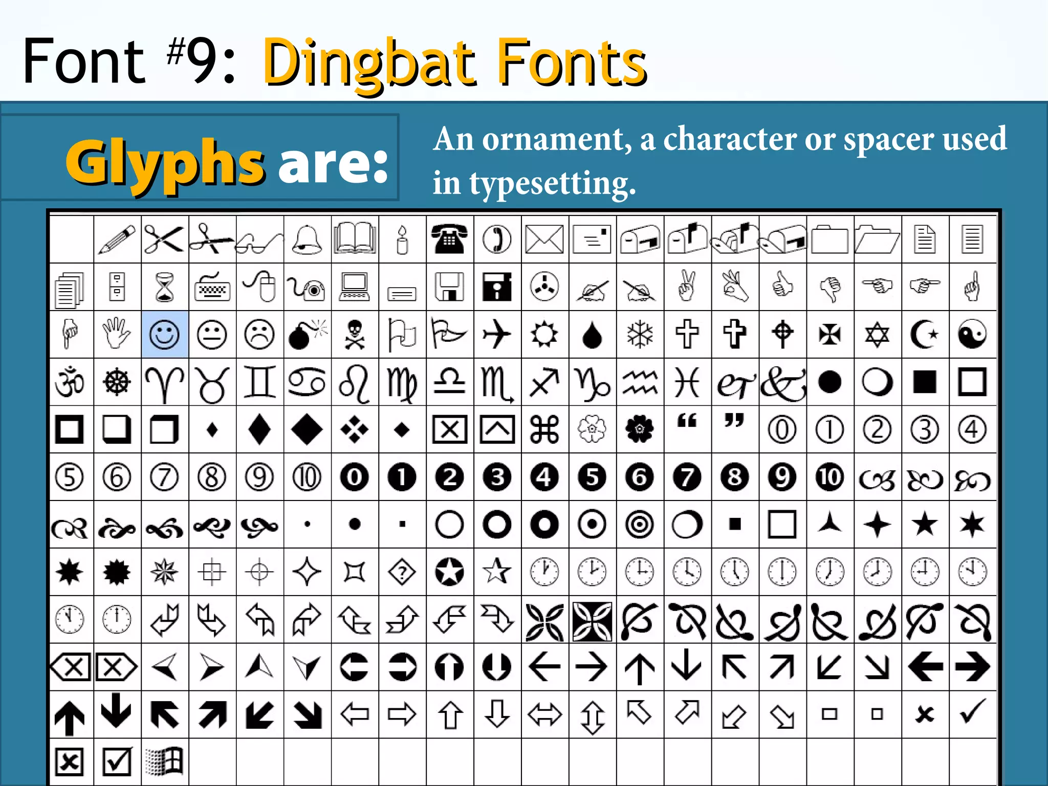 Font #
9: Dingbat FontsDingbat Fonts
GlyphsGlyphs are:
An ornament, a character or spacer used
in typesetting.
 