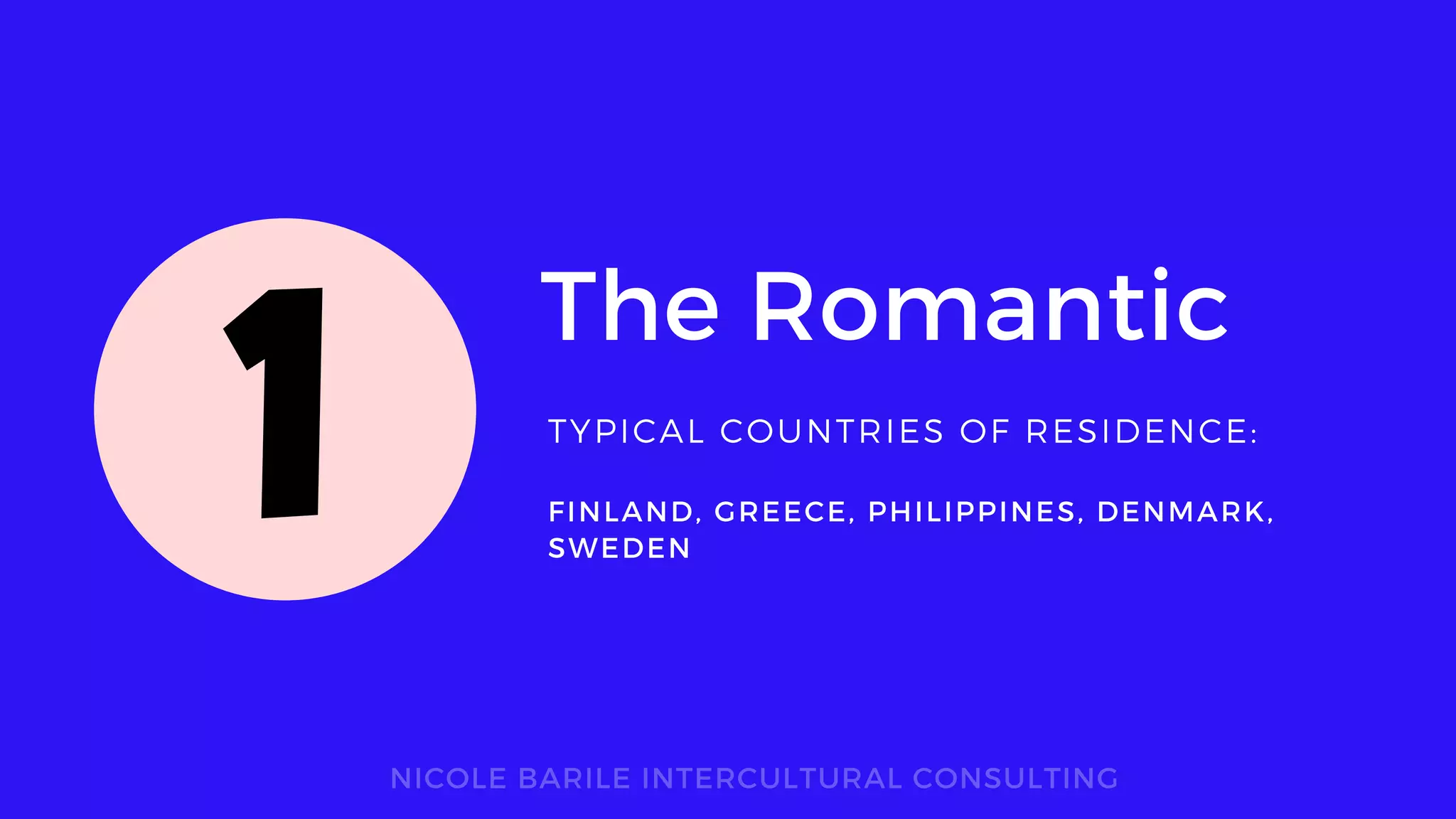 The Romantic
TYPICAL COUNTRIES OF RESIDENCE:
NICOLE BARILE INTERCULTURAL CONSULTING
FINLAND, GREECE, PHILIPPINES, DENMARK,
SWEDEN
1
 