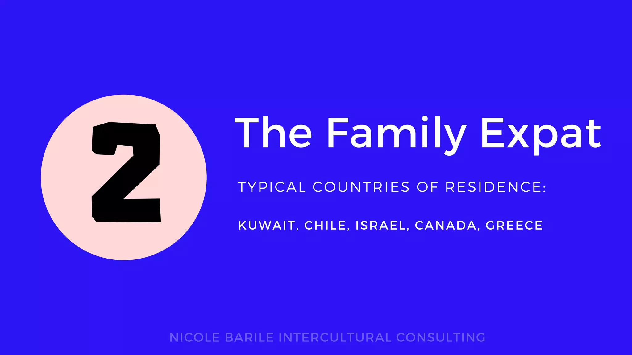The Family Expat
TYPICAL COUNTRIES OF RESIDENCE:
NICOLE BARILE INTERCULTURAL CONSULTING
KUWAIT, CHILE, ISRAEL, CANADA, GREECE
2
 