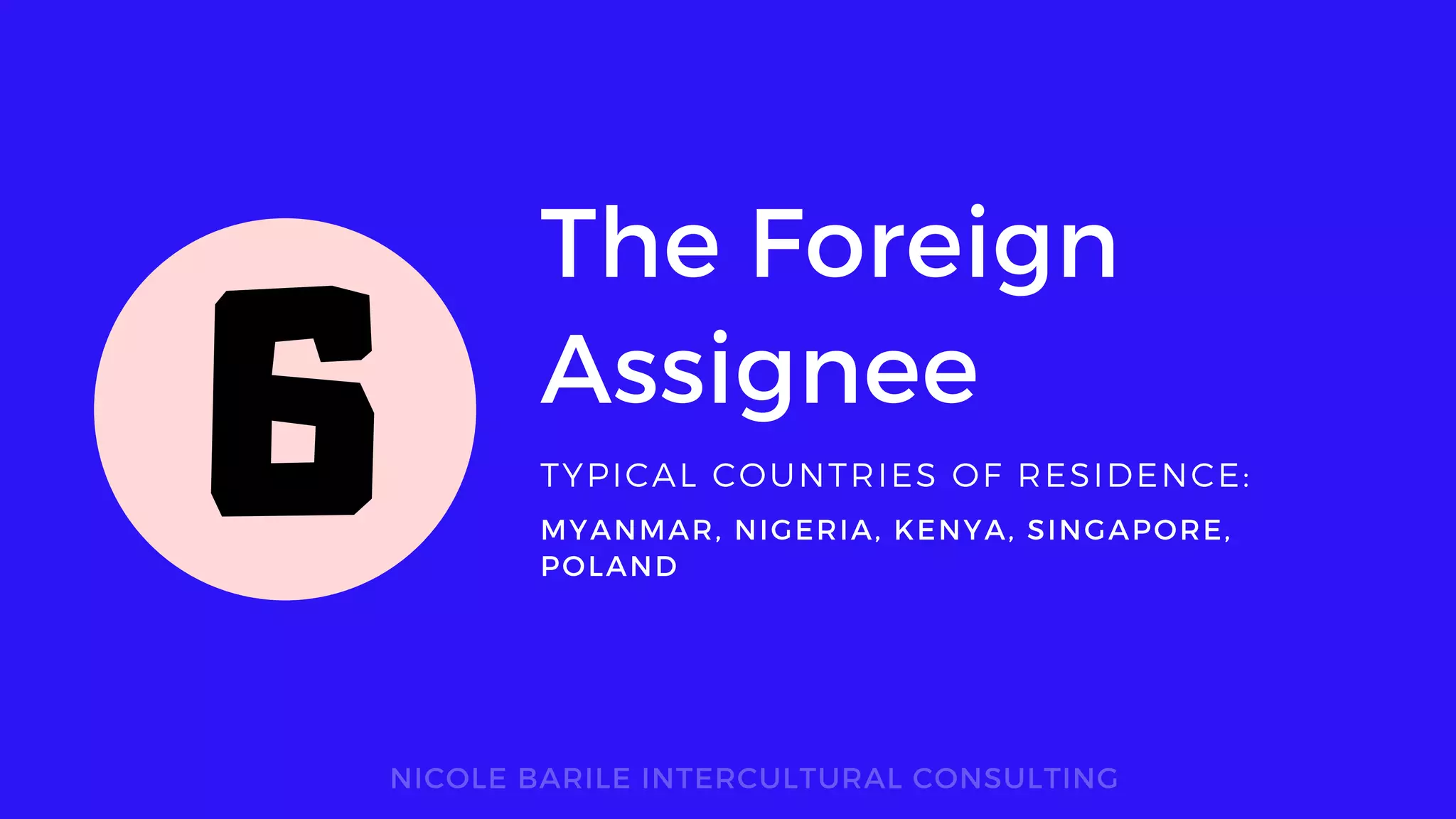 The Foreign
Assignee
TYPICAL COUNTRIES OF RESIDENCE:
NICOLE BARILE INTERCULTURAL CONSULTING
MYANMAR, NIGERIA, KENYA, SINGAPORE,
POLAND
6
 