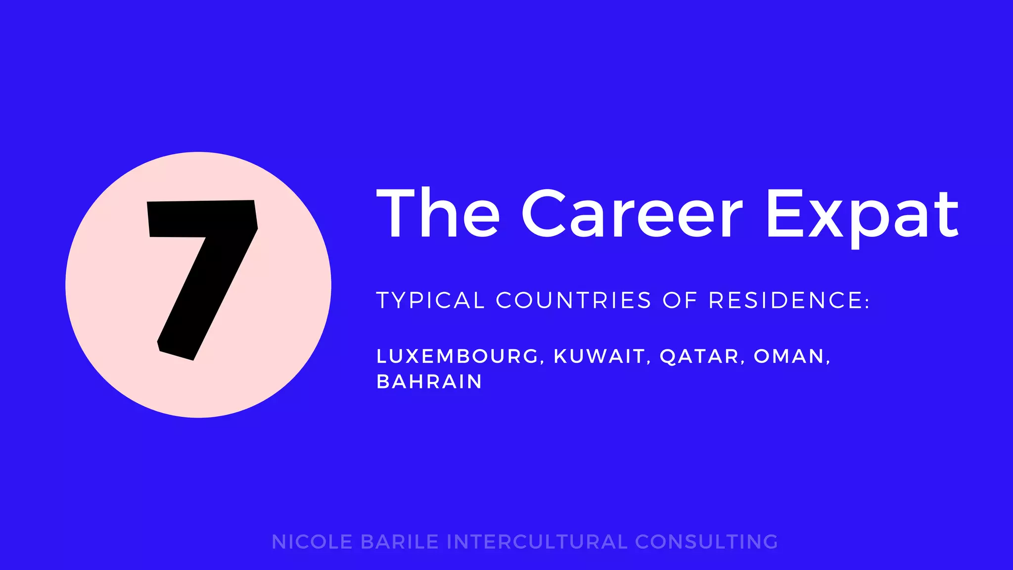 The Career Expat
TYPICAL COUNTRIES OF RESIDENCE:
NICOLE BARILE INTERCULTURAL CONSULTING
LUXEMBOURG, KUWAIT, QATAR, OMAN,
BAHRAIN
7
 