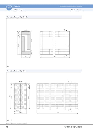 10
Technische Änderungen und Irrtümer vorbehalten.
Akustik Luft-Überströmelemente von Westaflex
Absorberelement Typ 300-1
Bild 4.1
Absorberelement Typ 400
Bild 4.2
B -1
98 -1
A - A A
A
200
-1
49 -0.5
(165)
15
20
(165)
15
20
4. Abmessungen
B -1
57 -1
20
15
(115)
20
15
(115)
150
-1
A - A A
A
Absorberelemente
 
