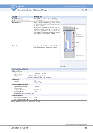 15
Technische Änderungen und Irrtümer vorbehalten.
Akustik Luft-Überströmelemente von Westaflex
Projekt: RZVK Köln
Projektausführer: STRÄHLE Raum-Systeme GmbH, Waiblingen
Bild 6.4
Einbau der Absorberelemente: In vertikaler Ebene
Beschreibung: In dem nebenstehenden Bild 6.4 ist der Aufbau
derWandmitdenintegriertenAbsorberelement
Typ 500 dargestellt.
Die Tiefe der Wand betrug 100 mm. Das Ab-
sorberelement war beidseitig mit einer 6 mm
dicken bedruckten Glasscheibe abgedeckt. Die
einsetzbarenEin-undAusströmbereichewerden
nach Wunsch des Architekten lackiert.
Bemerkung: Befestigungsdetails, lüftungstechnische Daten
usw. müssen mit uns abgestimmt werden.
Technische Daten Typ 500:
Absorberelement
Außenmaße ( H × B* × T):
* Maß B ist variabel
215 × 2733 × 84 mm
Material Gehäuse:
Absorber:
Stahl verzinkt, 1 mm
mineralfaserfrei, DIN 4102 A2
Sichtseiten
Material: ESG, 6 mm
Glas (bauseits)
Lüftungstechnische Daten
Gesamtvolumenstrom VGes
: 175 m³/h
Volumenstrom
pro Meter V spezifisch: 80 m³/(h×m)
Druckverlust p: 11 Pa
Weitere Daten siehe Diagramme Seite 9
Akustische Daten
bew. Normschallpegeldiff. Dn,e,w
: 43 dB
bew. Schalldämm-Maß Rw
: 26 dB
Weitere Daten siehe Auszug aus Prüfbericht - Seite 12
Wand
Vorlegeband
Absorberelement
Luftweg
ESG
Spalt zwischen Glas-
platte und Absorber-
element 2 mm!
Typ 500
6. Anwendungsbereiche und Sonderausführungen
 