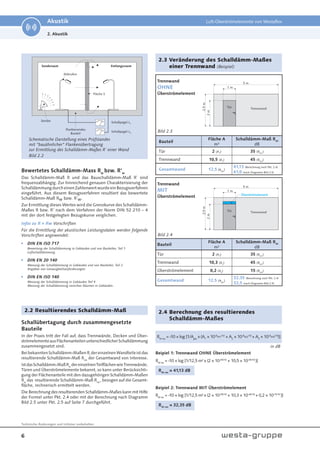 6
Technische Änderungen und Irrtümer vorbehalten.
Akustik Luft-Überströmelemente von Westaflex
2. Akustik
Trennwand
OHNE
Überströmelement
Bauteil
Fläche A
m²
Schalldämm-Maß RW
dB
Tür 2 (A1
) 35 (RW1
)
Trennwand 10,5 (A2
) 45 (RW2
)
Gesamtwand 12,5 (Ages
)
41,13 (Berechnung nach Pkt. 2.4)
41,0 (nach Diagramm Bild 2.5)
Bewertetes Schalldämm-Mass Rw
bzw. R’w
Das Schalldämm-Maß R und das Bauschalldämm-Maß R` sind
frequenzabhängig. Zur hinreichend genauen Charakterisierung der
SchalldämmungdurcheinenZahlenwertwurdeeinBezugsverfahren
eingeführt. Aus diesem Bezugsverfahren resultiert das bewertete
Schalldämm-Maß Rw bzw. R´w.
Zur Ermittlung dieses Wertes wird die Grenzkurve des Schalldämm-
Maßes R bzw. R’ nach dem Verfahren der Norm DIN 52 210 – 4
mit der dort festgelegten Bezugskurve verglichen.
Infos zu R + Rw Vorschriften
Für die Ermittlung der akustischen Leistungsdaten werden folgende
Vorschriften angewendet:
DIN EN ISO 717
Bewertung der Schalldämmung in Gebäuden und von Bauteilen, Teil 1
Luftschalldämmung.
DIN EN 20 140
Messung der Schalldämmung in Gebäuden und von Bauteilen, Teil 2
Angaben von Genauigkeitsanforderungen.
DIN EN ISO 140
Messung der Schalldämmung in Gebäuden Teil 4
Messung der Schalldämmung zwischen Räumen in Gebäuden.
Schematische Darstellung eines Prüfstandes
mit "bauähnlicher" Flankenübertragung
zur Ermittlung des Schalldämm-Maßes R´ einer Wand
Schallpegel L1
Schallpegel L2
Sender
Mikrofon
Senderaum Emfangsraum
Fläche S
Flankierendes
Bauteil
2.2 Resultierendes Schalldämm-Maß
Schallübertagung durch zusammengesetzte
Bauteile
In der Praxis tritt der Fall auf, dass Trennwände, Decken und Über-
strömelementeausFlächenanteilenunterschiedlicherSchalldämmung
zusammengesetzt sind.
Bei bekannten Schalldämm-Maßen Ri
der einzelnen Wandteile ist das
resultierende Schalldämm-Maß Rres
der Gesamtwand von Interesse.
IstdasSchalldämm-MaßRw
dereinzelnenTeilflächenwieTrennwände,
Türen und Überströmelemente bekannt, so kann unter Berücksichti-
gung der Flächenanteile mit den dazugehörigen Schalldämm-Maßen
Rw
das resultierende Schalldämm-Maß Rres
, bezogen auf die Gesamt-
fläche, rechnerisch ermittelt werden.
Die Berechnung des resultierenden Schalldämm-Maßes kann mit Hilfe
der Formel unter Pkt. 2.4 oder mit der Berechnung nach Diagramm
Bild 2.5 unter Pkt. 2.5 auf Seite 7 durchgeführt.
2.3 Veränderung des Schalldämm-Maßes
einer Trennwand (Beispiel)
Trennwand
MIT
Überströmelement
Bauteil
Fläche A
m²
Schalldämm-Maß RW
dB
Tür 2 (A1
) 35 (RW1
)
Trennwand 10,3 (A2
) 45 (RW2
)
Überströmelement 0,2 (A3
) 15 (RW3
)
Gesamtwand 12,5 (Ages
)
32,35 (Berechnung nach Pkt. 2.4)
32,5 (nach Diagramm Bild 2.5)
Bild 2.2
Bild 2.3
Bild 2.4
Beipiel 1: Trennwand OHNE Überströmelement
Beipiel 2: Trennwand MIT Überströmelement
RW res
= -10 × log [1/Ages
x (A1
× 10-RW1/10
+ A2
× 10-RW2/10
+ A3
× 10-RW3/10
)]
in dB
2.4 Berechnung des resultierendes
Schalldämm-Maßes
RW res
= -10 × log [1/12,5 m² x (2 × 10-35/10
+ 10,5 × 10-45/10
)]
RW res
= 41,13 dB
RW res
= -10 × log [1/12,5 m² x (2 × 10-35/10
+ 10,3 × 10-45/10
+ 0,2 × 10-15/10
)]
RW res
= 32,35 dB
 