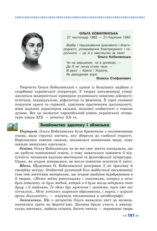 ™˜™˜™˜™˜™˜™˜™˜™˜™˜™˜™˜™˜™˜™˜™˜™˜
– 101 —
ОЛЬГА КОБИЛЯНСЬКА
27 листопада 1863 — 21 березня 1942
Відбір і підшукування красивого і благо-
родного, розкривання благородного і ге-
роїчного  — це й є мистецтво як таке!
Ольга Кобилянська
Чи на вершинах, чи в долинах,  —
Де б не лягла стезя твоя,  —
В  душі  — Краса і Україна,
Як двоєдиная зоря.
Олекса Стефанович
Творчість Ольги Кобилянської є одним із безцінних надбань у
скарбниці української літератури. У  творах письменниці утвер-
джуються модерністські принципи художнього освоєння дійсності:
естетизм, індивідуалізм, міфологізм та фемінізм. Її герої сповнені
пошуком краси та гармонії, одвічним прагненням досконалості,
вони наділені характером сильної, вольової особистості з тонкою
душею. Все це засвідчує європейський рівень української літера-
тури кінця XIX  — початку XX  ст.
Знайомство здалеку і зблизька
Портрет. Ольга Кобилянська була брюнеткою з оксамитовими
очима, мала струнку постать, яку зберегла до глибокої старості.
Вирізнялася тонким смаком, цікавилася новинками моди, тому
завжди вишукано одягалася.
Освіта. Ольга Кобилянська чи не все своє життя шкодувала, що
не здобула повноцінної освіти, а тому намагалася замінити її від-
сутність читанням науково-мистецької та філософської літератури.
Однак, як згодом зізнавалася, не могла повністю осягнути її зміст.
Вдача. Щоденник О. Кобилянської розкриває її як вразливу й
емоційну натуру. Особистий душевний біль майбутньої письменниці
став тим життєвим матеріалом, що згодом знайшов відображення в
її творах. «Межи моїми ровесницями і знакомими, котрих в мене
було небагато, не було жодної, котрій я б була могла відкрити свою
душу з її тайнами. Їх ідеал був мужчина і заміжжя, тут вже все
кінчалося… Мені хотілось широкого образовання, і науки, і ширшої
арени діяльності»,  — згадувала письменниця в автобіографії.
Захоплення. Ще у дитинстві Ольга виявляла хист до музики,
навчилася грати на фортеп’яно. Дівчина брала участь в аматор-
ських виставах, любила співати, багато читала — переважно твори
 