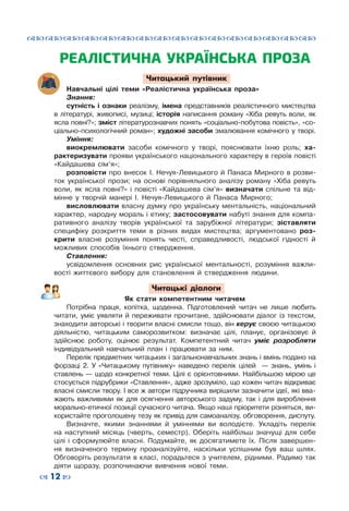 ™˜™˜™˜™˜™˜™˜™˜™˜™˜™˜™˜™˜™˜™˜™˜™˜
– 12 —
РЕАЛІСТИЧНА УКРАЇНСЬКА ПРОЗА
Читацький путівник
Навчальні цілі теми «Реалістична українська проза»
Знання:
сутність і ознаки реалізму, імена представників реалістичного мистецтва
в літературі, живописі, музиці; історія написання роману «Хіба ревуть воли, як
ясла повні?»; зміст літературознавчих понять «соціально-побутова повість», «со-
ціально-психологічний роман»; художні засоби змалювання комічного у творі.
Уміння:
виокремлювати засоби комічного у творі, пояснювати їхню роль; ха-
рактеризувати прояви українського національного характеру в героїв повісті
«Кайдашева сім’я»;
розповісти про внесок І. Нечуя-Левицького й Панаса Мирного в розви-
ток української прози; на основі порівняльного аналізу роману «Хіба ревуть
воли, як ясла повні?» і повісті «Кайдашева сім’я» визначати спільне та від-
мінне у творчій манері І. Нечуя-Левицького й Панаса Мирного;
висловлювати власну думку про українську ментальність, національний
характер, народну мораль і етику; застосовувати набуті знання для компа-
ративного аналізу творів української та зарубіжної літератури; зіставляти
специфіку розкриття теми в різних видах мистецтва; аргументовано роз-
крити власне розуміння понять честі, справедливості, людської гідності й
можливих способів їхнього ствердження.
Ставлення:
усвідомлення основних рис української ментальності, розуміння важли-
вості життєвого вибору для становлення й ствердження людини.
Читацькі діалоги
Як стати компетентним читачем
Потрібна праця, копітка, щоденна. Підготовлений читач не лише любить
читати, уміє уявляти й переживати прочитане, здійснювати діалог із текстом,
знаходити авторські і творити власні смисли тощо, він керує своєю читацькою
діяльністю, читацьким саморозвитком: визначає цілі, планує, організовує й
здійснює роботу, оцінює результат. Компетентний читач уміє розробляти
індивідуальний навчальний план і працювати за ним.
Перелік предметних читацьких і загальнонавчальних знань і вмінь подано на
форзаці 2. У «Читацькому путівнику» наведено перелік цілей   — знань, умінь і
ставлень — щодо конкретної теми. Цілі є орієнтовними. Найбільшою мірою це
стосується підрубрики «Ставлення», адже зрозуміло, що кожен читач відкриває
власні смисли твору. І все ж автори підручника вирішили зазначити ідеї, які вва-
жають важливими як для осягнення авторського задуму, так і для вироблення
морально-етичної позиції сучасного читача. Якщо наші пріоритети різняться, ви-
користайте проголошену тезу як привід для самоаналізу, обговорення, диспуту.
Визначте, якими знаннями й уміннями ви володієте. Укладіть перелік
на наступний місяць (чверть, семестр). Оберіть найбільш значущі для себе
цілі і сформулюйте власні. Подумайте, як досягатимете їх. Після завершен-
ня визначеного терміну проаналізуйте, наскільки успішним був ваш шлях.
Обговоріть результати в класі, порадьтеся з учителем, рідними. Радимо так
діяти щоразу, розпочинаючи вивчення нової теми.
 