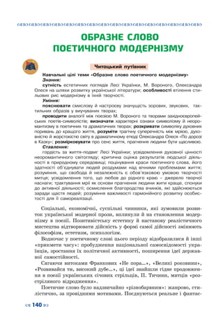 ™˜™˜™˜™˜™˜™˜™˜™˜™˜™˜™˜™˜™˜™˜™˜™˜
– 140 —
ОБРАЗНЕ СЛОВО
ПОЕТИЧНОГО МОДЕРНІЗМУ
Читацький путівник
Навчальні цілі теми «Образне слово поетичного модернізму»
Знання:
сутність естетичних поглядів Лесі Українки, М. Вороного, Олександра
Олеся на шляхи розвитку української літератури; особливості втілення сти-
льових рис модернізму в їхній творчості.
Уміння:
пояснювати смислову й настроєву значущість зорових, звукових, так-
тильних образів у виучуваних творах;
проводити аналогії між поезією М. Вороного та творами західноєвропей-
ських поетів-символістів; визначати характерні ознаки символізму й неоро-
мантизму в поетичних та драматичних творах; розкривати символіку духовних
поривань до кращого життя, розуміти трагічну суперечність між мрією, духо-
вністю й жорстокістю світу в драматичному етюді Олександра Олеся «По дорозі
в Казку»; розмірковувати про сенс життя, прагнення людини бути щасливою.
Ставлення:
гордість за життя-подвиг Лесі Українки; усвідомлення духовної цінності
неоромантичного світогляду; критична оцінка результатів людської діяль-
ності в природному середовищі; поцінування краси поетичного слова, його
здатності об’єднувати людей роздумами над вічними проблемами життя;
розуміння, що свобода й незалежність є обов’язковою умовою творчості
митця; усвідомлення того, що любов до рідного краю – джерело творчої
наснаги; трактування мрії як основи прагнення людини жити краще, спонуки
до активної діяльності; осмислення благородства вчинків, які здійснюються
заради щастя людей; розуміння важливості гармонійного розвитку особис-
тості для її самореалізації.
Соціальні, економічні, суспільні чинники, які зумовили розви-
ток української модерної прози, вплинули й на становлення модер-
нізму в поезії. Позитивістську естетику й настанову реалістичного
мистецтва відтворювати дійсність у формі самої дійсності змінюють
філософізм, естетизм, психологізм.
Водночас у поетичному слові цього періоду відобразилися й інші
«прикмети часу»: пробудження національної самосвідомості укра-
їнців, зростання їх політичної активності, поширення ідеї держав-
ної самостійності.
Сягаючи витоками Франкових «Не пора…», «Великі роковини»,
«Розвивайся ти, високий дубе…», ці ідеї знайшли гідне продовжен-
ня в поезії українських січових стрільців, П. Тичини, митців «роз-
стріляного відродження».
Поетичне слово було надзвичайно «різнобарвним»: жанрово, сти-
лістично, за провідними мотивами. Поєднуються реальне і фантас-
 
