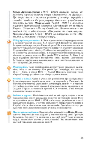 Гулак Артемовський (1813—1873) написав першу ук
раїнську лірично комічну оперу «Запорожець за Дунаєм».
Ця опера йшла з великим успіхом у театрі корифеїв і
сьогодні входить до репертуару багатьох українських
театрів. Петро Ніщинський (1832—1896) є автором
музично драматичної картини «Вечорниці» до вистави
Тараса Шевченка «Назар Стодоля». Знаменитим є чо
ловічий хор з «Вечорниць» «Закувала та сива зозуля».
Микола Лисенко (1853—1909) на матеріалі п’єси «На
талка Полтавка» створив оперу.
Підсумуйте прочитане. 1. Чим відзначалося літературне життя
в Україні у другій половині ХІХ століття? 2. Коли були підписані
Валуєвський циркуляр та Емський указ? Як вони позначилися на
перебігу українського культурного життя? 3. З’ясуйте значення
Південно Західного відділу Російського географічного товарист
ва у розвитку українознавства. 4. Схарактеризуйте подвижницьку
діяльність громад початку 70 х років ХІХ століття. 5. Коли і де
було відкрите Наукове товариство імені Тараса Шевченка?
6. Назвіть українських письменників, чия творчість припадає на
70—90 і роки ХІХ століття.
Поміркуйте. Чому українською літературною столицею напри-
кінці 50 х — на початку 60 х років був Петербург, на початку
70 х — Київ, а після 1876 — Львів? Поясніть причини такої
міграції центру українського літературного життя.
Робота в парах. Один з учнів має розповісти про заснування і
функціонування українських газет та журналів у Галичині, їх
значення у розвитку української літератури. Інший — з’ясувати
ситуацію з періодичною пресою і неперіодичними виданнями на
Східній Україні в останній третині ХІХ століття. Учні можуть
доповнювати один одного.
Робота в групах. Поділіться в класі на дві групи, кожна з яких
схарактеризує зміст циркуляра міністра внутрішніх справ Росії
та царського указу 1863 і 1876 років щодо українських книг і
періодичних видань. З’ясуйте особливості літературного життя в
Україні після підписання цих документів. Доповідають про ре
зультати спільної роботи окремі учні від кожної групи.
Мистецька скарбниця. Прослухайте хоровий твір Петра Ніщин
ського «Закувала та сива зозуля» у виконанні хору імені Григорія
Верьовки. Які почуття викликає у вас цей твір? Чому кування
зозулі викликало сльози у невільників? Як змінювався ваш
настрій упродовж виконання твору?
15
 
