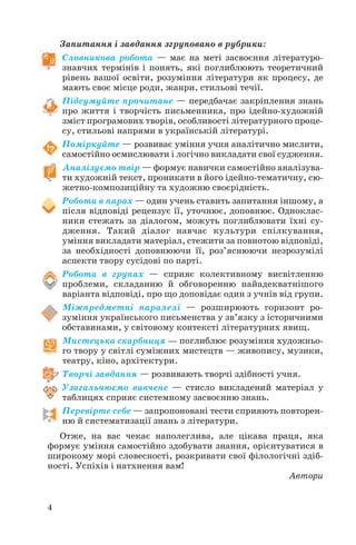 Запитання і завдання згруповано в рубрики:
Словникова робота — має на меті засвоєння літературо
знавчих термінів і понять, які поглиблюють теоретичний
рівень вашої освіти, розуміння літератури як процесу, де
мають своє місце роди, жанри, стильові течії.
Підсумуйте прочитане — передбачає закріплення знань
про життя і творчість письменника, про ідейно художній
зміст програмових творів, особливості літературного проце
су, стильові напрями в українській літературі.
Поміркуйте — розвиває уміння учня аналітично мислити,
самостійно осмислювати і логічно викладати свої судження.
Аналізуємо твір — формує навички самостійно аналізува
ти художній текст, проникати в його ідейно тематичну, сю
жетно композиційну та художню своєрідність.
Робота в парах — один учень ставить запитання іншому, а
після відповіді рецензує її, уточнює, доповнює. Одноклас
ники стежать за діалогом, можуть поглиблювати їхні су
дження. Такий діалог навчає культури спілкування,
уміння викладати матеріал, стежити за повнотою відповіді,
за необхідності доповнюючи її, роз’яснюючи незрозумілі
аспекти твору сусідові по парті.
Робота в групах — сприяє колективному висвітленню
проблеми, складанню й обговоренню найадекватнішого
варіанта відповіді, про що доповідає один з учнів від групи.
Міжпредметні паралелі — розширюють горизонт ро
зуміння українського письменства у зв’язку з історичними
обставинами, у світовому контексті літературних явищ.
Мистецька скарбниця — поглиблює розуміння художньо
го твору у світлі суміжних мистецтв — живопису, музики,
театру, кіно, архітектури.
Творчі завдання — розвивають творчі здібності учня.
Узагальнюємо вивчене — стисло викладений матеріал у
таблицях сприяє системному засвоєнню знань.
Перевірте себе — запропоновані тести сприяють повторен
ню й систематизації знань з літератури.
Отже, на вас чекає наполеглива, але цікава праця, яка
формує уміння самостійно здобувати знання, орієнтуватися в
широкому морі словесності, розкривати свої філологічні здіб
ності. Успіхів і натхнення вам!
Автори
4
 