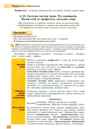 Морфологія - це розділ мовознавства, що вивчає систему частин мови.
§ 13. Система частин мови. Рід іменників.
Назви осіб за професією, посадою тощо
Про самостійні й службові частини мови. вuJнaчeння роду
невідмінюваних іменників, а також про вживання назв осіб
за професією, посадою тощо в різних ст илях мовлення
Пригадайте
Щ о вивчає морфологія?
Які є частини мови? Які з них самостійні, а які - службові?
Як визначити рід невідмінюваних іменників?
Q 199. Порівняйте подані варіантні родові форми іменників. За допомогою тлу­
мачного словника визначте, який іменник кожної пари становить літературну
норму і є стилістично нейтральним, а який - розмовно-просторічним або заста­
рілим У якій парі обидва іменники стилістично рівноправні?
Бакенбард - бакенбарда, санаторій - санаторій, цукерка - цукерок,
птах - птаха, диво - дивина.
Об’єктом вивчення морф ології є слово як носій грама­
тичних значень.
Слова в сучасній українській мові об’єднують у десять
частин мови, які поділяють на сам остійні та служ бові.
Окремою частиною мови є вигук.
Самостійні частини мови мають лексичне значення (на­
зивають предмети, дії, ознаки предметів і дій , кількість),
морфологічні ознаки (рід, число, відмінок, час, особу,
спосіб тощо), є членами речення.
Службові частини мови виражають відношення між
словами в реченні, не мають предметного лексичного
значення, не є членами речення, не змінюються за рода­
ми, числами, відмінками, особами тощо.
У випадку переходу з однієї частини мови в інш у слово
зазнає граматичного переоформлення, зміни значення та
синтаксичних функцій.
Порівняйте:
, . ^-іменник. Радісно зустрічали молодих.
Молодии г ---------г - , .
‘-►прикметник. Зібралося багато молодих людей.
За допомогою частин мови людина диференцію є речі,
їхн і якості, процеси, д ії і стани та їхн і ознаки, виділяє
відмінності в навколишньому світі. Предметність вира­
жається іменниками, ознаки прикметниками, кіль­
кість і кількісні ознаки - числівниками, динамічні озна­
ки (дії, стану, змін, процесів) - дієсловам и, ознаки дій,
процесів та властивостей прислівниками. Займенники
є еквівалентами іменників, прикметників, числівників.
М орф ологія. Стилістика
11G
Частини
мови
Перехід з
однієї
частини
мови в іншу
Роль частин
мови
 