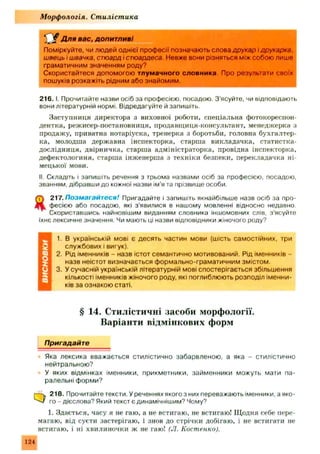 Для вас, д о п и т л и в і
Поміркуйте, чи людей однієї професії позначають слова друкар ідрукарка,
швець і швачка, стюард і стюардеса. Невже вони різняться між собою лише
граматичним значенням роду?
Скористайтеся допомогою тлумачного словника Про результати своїх
пошуків розкажіть рідним або знайомим.
2 1 6 .1.Прочитайте назви осіб за професією, посадою. З'ясуйте, чи відповідають
вони літературній нормі, Відредагуйте й запишіть.
Заступниця директора з виховної роботи, спеціальна фотокореспон­
дентка, режисер-постановниця, продавщиця-консультант, менеджерка з
продажу, приватна нотаріуска, тренерка з боротьби, головна бухгалтер­
ка, молодша державна інспекторка, старша викладачка, статистка-
дослідниця, двірничка, старша адміністраторка, провідна інспекторка,
дефектологиня, старша інженерш а з техніки безпеки, перекладачка ні­
мецької мови.
II. Складіть і запишіть речення з трьома назвами осіб за професією, посадою,
званням, дібравши до кожної назви ім'я та прізвище особи.
Q , 217.Позмагайтеся! Пригадайте і запишіть якнайбільше назв осіб за про-
фесією або посадою, які з’явилися в нашому мовленні відносно недавно.
Скориставшись найновішим виданням словника іншомовних слів, з'ясуйте
їхнє лексичне значення. Чи мають ці назви відповідники жіночого роду?
1. В українській мові є десять частин мови (шість самостійних, три
службових і вигук).
2. Рід іменників - назв істот семантично мотивований. Рід іменників -
назв неістот визначається формально-граматичним змістом.
3. У сучасній українській літературній мові спостерігається збільшення
кількості іменників жіночого роду, які поглиблюють розподіл іменни­
ків за ознакою статі.
§ 14. Стилістичні засоби морфології.
Варіанти відмінкових форм
Пригадайте
Яка лексика вважається стилістично забарвленою, а яка - стилістично
нейтральною?
У яких відмінках іменники, прикметники, займенники можуть мати па­
ралельні форми?
Q218. Прочитайте тексти. У реченнях якого з них переважають іменники, а яко­
го - дієслова? Який текст є динамічнішим? Чому?
1. Здається, часу я не гаю, а не встигаю, не встигаю! Щ одня себе пере­
магаю, від суєти застерігаю, і знов до стрічки добігаю, і не встигати не
встигаю, і ні хвилиночки ж не гаю! (Л. Костенко).
М орфологія. Ст иліст ика
$
0
1
X
BQ
124
 