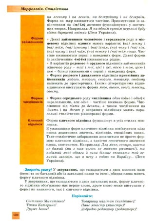 на легкому і на легкім, на безкрайому і на безкраїм.
Форма на ому вживається частіше. Прикметники із за­
кінченням на -ім(-їм) активно функціонують у поетич­
них творах. Наприклад: Я на вбогім сумнім перелозі буду
сіять барвисті квітки (Леся Українка).
Деякі займ енники чоловічого і середнього роду в міс­
цевому відмінку однини мають варіанти: (на) моєму і
(на) моїм, (на) їхньому і (на) їхнім, (на) чому і (на) чім,
(на) чиєму і (на) чиїм, (на) всьому і (на) всім тощо. Час­
тіше вживаються перші з наведених форм. Давні форми
із закінченням -ім(-їм) уживаються рідше.
З варіантів родового й орудного відмінків займенників
жіночого роду - тієї і тої, цієї і цеї, тією і тою, цією і
цею - більш уживаними є перші з наведених форм.
Форми родового і давального відмінків присвійних за ­
йменників мойого, твойого, свойого, твойому, свойому
належать до просторічних. їхнім и літературними відпо­
відниками виступають форми мого, твого, свого, твоєму,
своєму.
Форми середнього роду числівника один (одно і одне) є
паралельними, але одне - частіше вживана форма. Ч ис­
лівники від п'яти до десяти, а також числівники на
дцять і на -десят у непрямих відмінках мають пара­
лельні стилістично рівноправні форми.
Форма кличного відмінка функціонує в усіх стилях мов­
лення.
З уживанням форм кличного відмінка пов’язується ціла
низка додаткових значень, відтінків, емоційних ознак.
Таке стилістичне забарвлення досягається не просто фор­
мою кличного відмінка, а єдністю лексичного значення
слова, контекстом. Наприклад: Для мене, сестро, щастя
не бажай (ми з ним чогось не можемо ужитись!), ти
побажай мені одваги й сили більше сповняти той ве
ликий заповіт, що я несу з собою на Вкраїну... (Леся
Українка).
Зверніть увагу! У звертаннях, що складаються з двох власних назв
(імені та по батькові) або із загальної назви та імені, обидва слова мають
форму кличного відмінка.
У звертаннях, що складаються з двох загальних назв, форму клично­
го відмінка обов’язково має перше слово, друге слово може виступати у
формі як називного, так і кличного відмінка.
Порівнн ііте:
Світлано Микитівно! Товаришу капітан (капітане)!
Тітко Катерино! Пане міністр (міністре)!
Друже Іване! Добродію редактор (редакторе)!
М орф ологія. Стилістика
Форми
займенників
Форми
числівників
Кличний
відмінок
130
 
