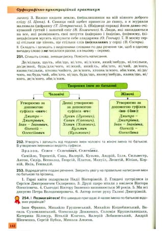 О рфограф ічно-пункт уаційний практ икум
личко). 3. Важ ко кидати землю, (не)залишивши на ній ніякого доброго
сліду (І. Цюпа). 4. Синиця свій щебет принесла до ґанку, а я журавля
малювала (до)ранку (Т. Петровська). 5. (На)дворі справді йшов давно очі­
куваний густий і лапатий сніг (В. Козаченко). 6. Люди, які накидаються
на все, які розмінюють свої почуття (на)право і (на)ліво, (по)моєму, (кі-
нець)кінцем мусять відчувати себе злидарями (О. Гончар). 7. В моєму сер­
ці стільки ще пісень, ще стільки слів (ие)сказаних у серці (В. Сосюра).
II. Складіть і запишіть з виділеними словами по два речення так, щоб в одному
випадку слово з не писалося разом, а в іншому - окремо.
251. Спишіть слова, знявши риску. Поясніть написання.
Д е/кілька, що/сь, аби/щ о, ні/хто, н і/з/ким , який/небудь, ні/скільки,
до/де/якої, будь/для/чого, ні/який, який/сь, аби/хто, ні/чий, де/кого,
казна/скільки, хтозна/чийого, де/в/кого, хтозна/в/кого, аби/ким, н і/до/
чого, на/будь/чий, аби/хто, ні/щ о, будь/щ о. якому/небудь, казна/щ о, н і/
кого, де/в/кого, аби/з/ким.
Творення імен по батькові
Чоловічі > .
С Ж іночі
* ' -
Утворюємо за
допомогою
суфікса -О В И Ч-:
Дмитро
'Іми трава ч,
Іван - Іванович,
Олексій -
Олексійович
Д еякі утворюємо
за допомогою
суфікса -И Ч -:
Лукич (Лукович),
Савич (Савович).
Хомич (Хомович),
Кузьмич
(Кузьмович)
Утворюємо за
допомогою суфікса
-івн- (-ЇВ Н -):
Дмитро -
Дмитрівна,
Іван - Іванівна,
Олексій -
Олексіївна
252. Утворіть і запишіть від поданих імен чоловічі та жіночі імена по батькові.
В утворених іменниках виділіть суфікси.
З р а з о к . Семен - Семенович. Семенівна.
Самійло, Терентій, Сава, Валерій, Кузьма, Андрій, Ілля, Сильвестр,
Антон, Сидір, Всеволод, Георгій, Платон, М ануїл, Леонтій, Юліан, Кор-
ній, Яків, Геннадій.
253. Відредагуйте подані речення. Зверніть увагу на правильне написання імен
по батькові та прізвищ.
1. Гарні квіти подарували Надії Вікторівній. 2. Глядачі зустрілися із
Сергієм Дмитровичем Скляренко. 3. Друзі щиро вітали з ювілеєм Віктора
Олексієвича. 4. Сьогодні Віктору Іваненко виповнюється 50 років. 5. Ми всі
дякуємо Петра Володимировича, (і. Актор потис руку Галині Дмигрівній.
ф 2 5 4 .1 П озмагайтеся! Хто швидше пригадає й назве імена по батькові відо-
мих українців?
Іван Франко, М ихайло Грушевський, М ихайло Коцюбинський, Ва­
силь Сухомлинський, Олександр Довженко, Соломія Крушельницька,
Катерина Білокур, Віталій Кличко, Валерій Лобановський, Андрій
Ш евченко, Сергій Бубка, Микола Амосов.
М2
 