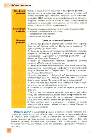 Зв'язне мовлення
Одним з видів усного мовлення є телефонна розмова.
Уміння вести телефонний діалог полягає в тому, щоб
стисло передати суть питання, ситуації, дати конкретні
відповіді. Щ об розмова не перетворювалася на монолог,
потрібно вчасно зробити паузу й дати співрозмовнику
можливість висловити свою думку. Це створює певний
ритм діалогу, запобігає перебиванню.
Телефонна розмова складається з таких компонентів:
• момент установлення контакту;
• висвітлення суті справи;
• закінчення розмови.
Правила телеф онної розмови
1. Вживайте формули ввічливості; Добрий день! Ііроиіу!
Будь ласка! Будьте люб'язні! Пробачте за турботу! Д я­
кую за увагу! До побачення!
2. Якщо ви не впевнені у правильності набраного номера,
попросіть вибачення і уточніть, з ким ви розмовляєте.
Наприклад: - Пробачте, це секретар ректора? Про
бачте, це Світлана Іванівна?
3. Якщо ви помилилися номером, припиніть розмову
словами «Пробачте. Я помилився*.
4. Якщо ви хочете розмовляти не з тим, хто взяв трубку,
привітайтеся і попросіть до телефона того, кого ви хочете
почути. Наприклад: - Добрий день. Чи можу я попроси
ти до телефона Олену?
На це відповідають: - Добрий день! Хвилиночку, я зараз
передаю трубку. Або: Прошу зачекати. Або: - На жаль,
Олени зараз немає. Чи можу я їй щось переказати?
5. Для викладу суті справи слід добирати короткі фра­
зи, які легше сприймаються на слух.
6. Розмова ио телефону не повинна перетворюватися в
монолог.
7. Ініціатива закінчення розмови належить, звичайно,
тому, хто зателефонував, проте якщо співрозмовник зна­
чно старший за віком або за службовим становищем,
слід дати можливість закінчити розмову йому.
8. При розмові двох у присутності третього не можна
говорити: «Він казав*, «Вона ось чула» тощо. Третю лю­
дину слід називати.
Зверніть увагу! У служ бовій розмові початкові фрази повинні вка­
зувати не лиш е на те, що зв'язок між сторонами встановлений (Алло.
Я слухаю. Бас слухають), але й визначити ці сторони. Службова
особа, знявши трубку, називає прізвище або місце роботи. Той, хто
починає розмову, називає своє прізвище, ім ’я, по батькові, а також
установу чи особу, від чийого імені він говорить. ГІри цьому сторони ві­
таються.
Телефонна
розмова
Композиція
розмови
Правила
розмови
166
 